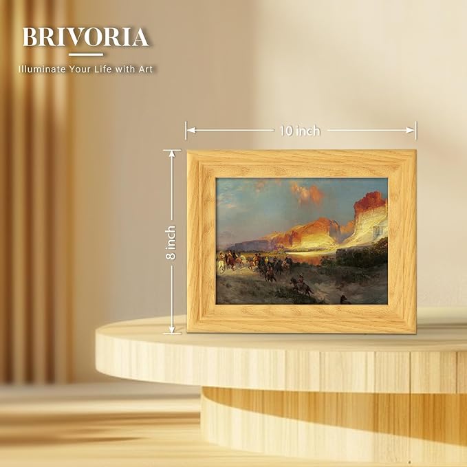 Brivoria Framed Canvas Wall Art Vintage Decor, Rustic Autumn Western Landscape with Canyon, Horse Riders, Red Rocks and Sunset Glow for Entryway Bookshelf Bedroom Office or Tabletop Fall Display, 8x10