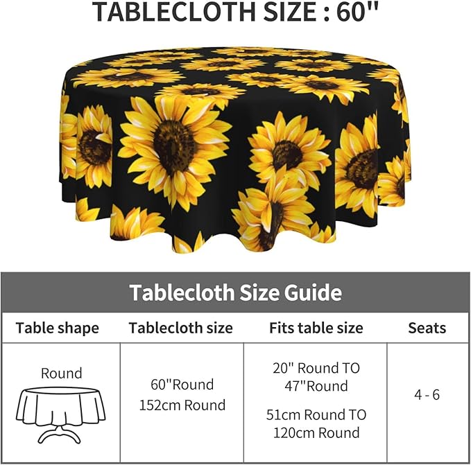 Kawani Sunflower Tablecloth Round 60 Inch Ruitic Yellow Floral Vinyl Table Cloth Waterproof Fabric Farmhouse Sun Flower Tablecloths Decorative for Holiday Home Party Wedding Picnic