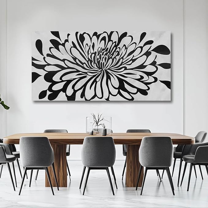Modern Large Framed Artwork Black Line Art Flowers Painting on Canvas Office Home Wall Decor White Pictures 29x58 Inch Neutral Wall Art