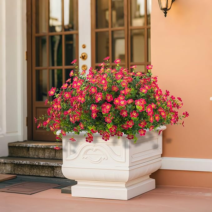 Outdoor Artificial Flowers UV Resistant & Fade Proof, 12 Pack Realistic Fake Flowers for Garden, Patio, Lawn Decor - Weatherproof Plastic Plants (Rose Red)