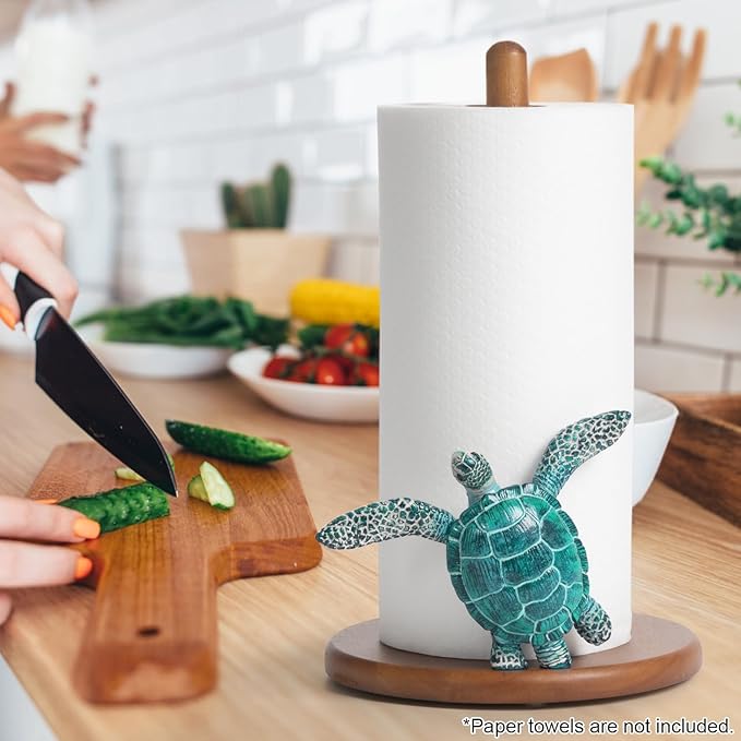 Turtle Paper Towel Holder - Coastal Decor for Home Ocean Decor Beach House Beachy Themed, Sea Turtle Gifts for Women, Cute Decorative Paper Towel Holder Stand Countertop Kitchen Nautical Teal Wood