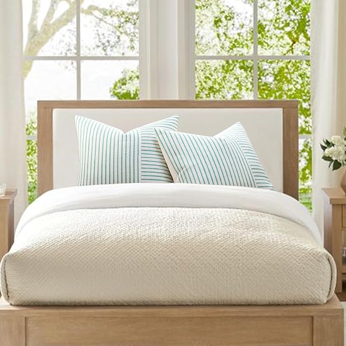 YCOLL Farmhouse Pillow Covers 12x20, Modern Accent Spring Throw Pillow Covers Set of 2, Green Striped Patchwork Linen Decorative Pillows Cushion Covers for Couch Bedroom Summer Home Decor