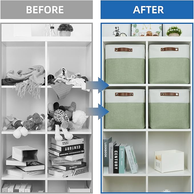 Temary Fabric Storage Bins for Organizing Clothes, Closet Baskets with Handles - Decorative Storage Boxes for Home (White & Green, 12 Inch, 4 Pack)