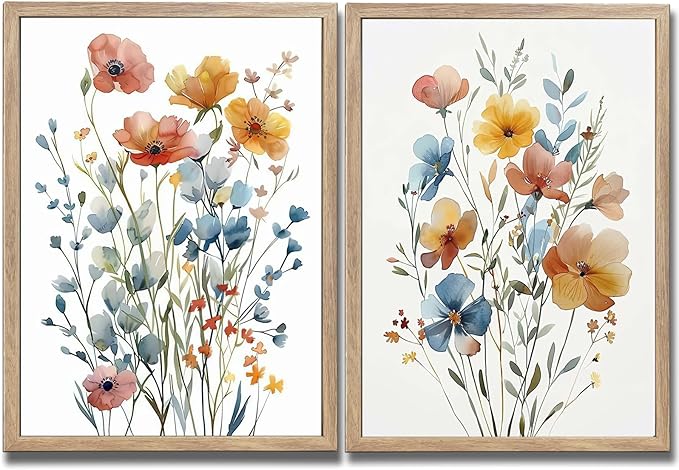 Large Framed Colorful Flowers Canvas Wall Art for Bathroom Decor, Blue Floral Print, Yellow Orange Flowers Artwork Pictures Poster for Bedroom Living Room Decoration 16"x24"x2 Panels