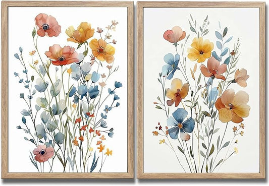 Large Framed Colorful Flowers Canvas Wall Art for Bathroom Decor, Blue Floral Print, Yellow Orange Flowers Artwork Pictures Poster for Bedroom Living Room Decoration 16"x24"x2 Panels