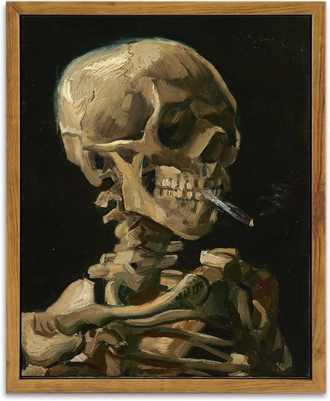 KBKBART Framed Canvas Wall Art Skull of a Skeleton with Burning Cigarette Van Gogh Art Print, Dark Academia Wall Decor Gothic Wall Art for Halloween, Living Room, Bedroom, Office, Bathroom, Gothic