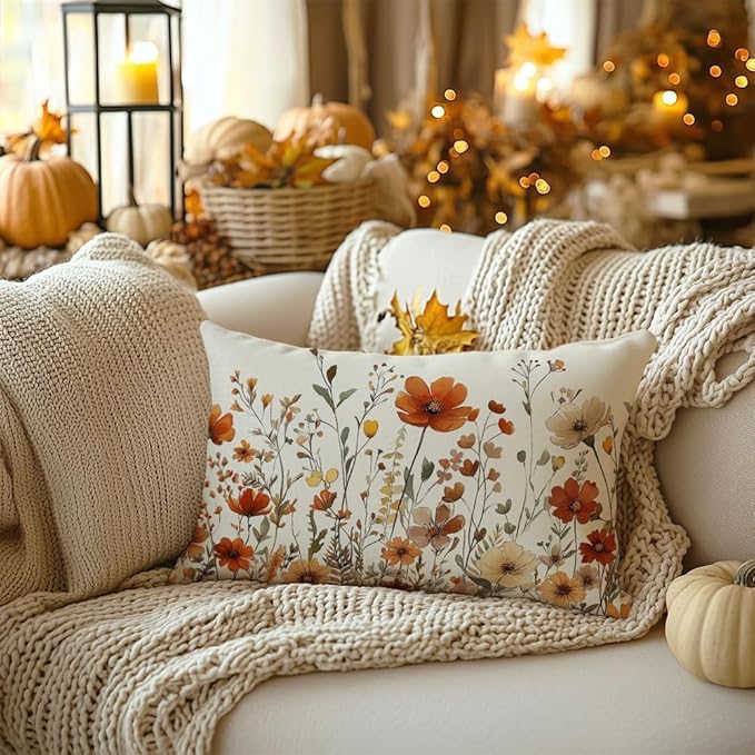 AACORS Fall Pillow Cover 12x20 Inch Floral Decoration Pillow Case Autumn Seasonal Decor for Home Sofa Couch AA730-12