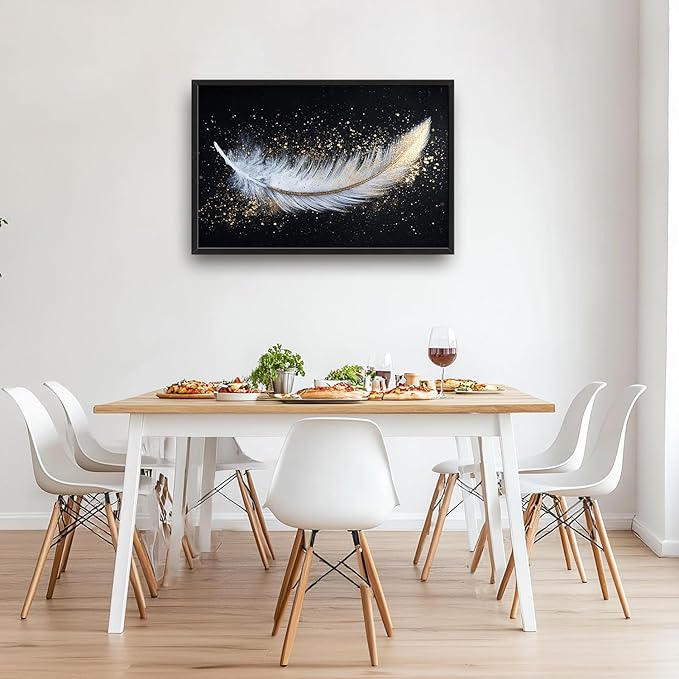 Flintis Large Feather Framed Wall Art White and Gold Feather Pictures Wall Decor Abstract Modern Canvas Painting Print Artworks Decor Framed for Living Room Bathroom Master Bedroom 36L X 24W