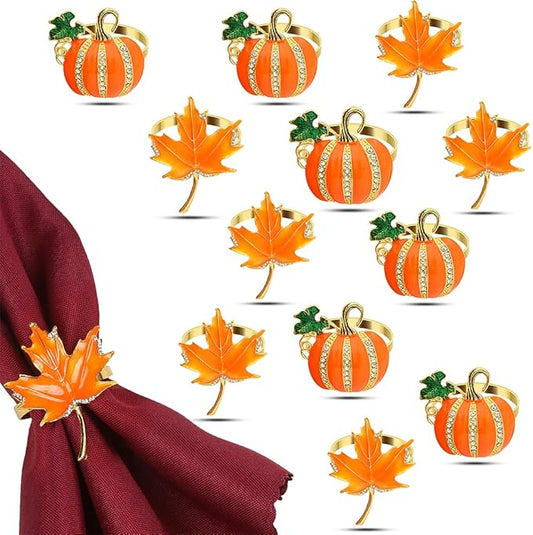 KPOSIYA 24 Pcs Fall and Christmas Napkin Set - 12 Thanksgiving Rings and 12 Cloth Napkins - Maple Leaf and Halloween Pumpkin Holders for Table Decorations