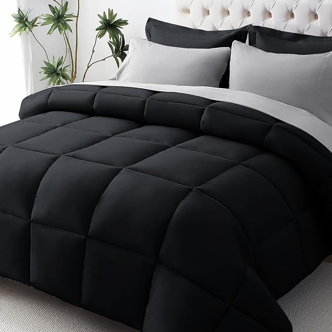 JOLLYVOGUE King Comforter Set, Ultra-Soft Bed in a Bag King Size 7 Pieces, Oeko-TEX Certified Bedding Set with Down Alternative Comforter, Sheets, Pillowcases & Shams, Black & Light Grey