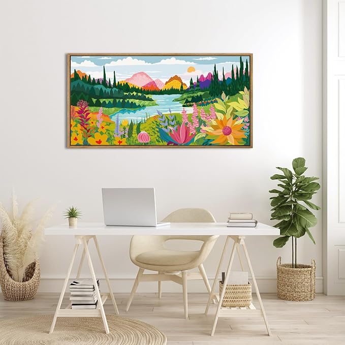 ANHUIB Large Colorful Wall Art 20x40 Inch Framed Abstract Floral Wall Decor Forest Woodland Painting Muticolor Mountain Range Illustration for Living Room Dining Room Bedroom