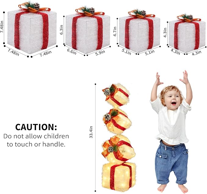 Christmas Lighted Gift Boxes Decorations Set of 4, 2.8Ft Stackable Christmas Nesting Boxes Battery Operated for Home and Party Decoration (8"-6"-5"-4", Red Bow)