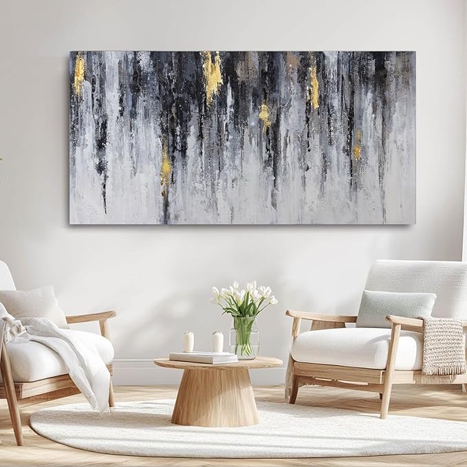 GAIDUOMAI Black and White Abstract Wall Decor Gold Foil Canvas Wall Art Graffiti Art Work Wall Pictures for Living Room Home Office 29"x58" Large Size