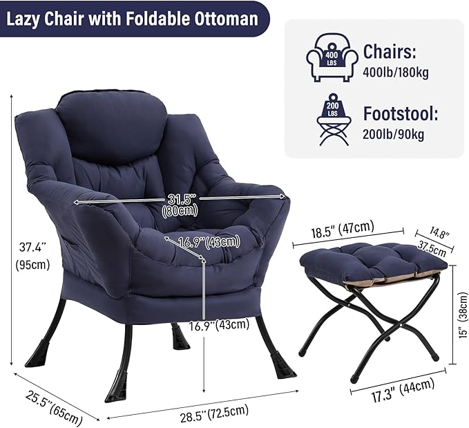 Lazy Chair with Ottoman, Modern Chair with Folding Footrest, Lounge Accent Chair, Comfortable Reading Chair (Navy Blue)