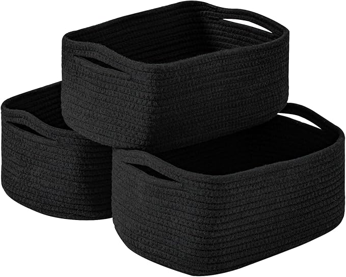 Small Black Baskets for Organizing, Storage Baskets for Shelves, Small Woven Cotton Rope Basket for Storage, Basket for Gifts Empty, 13"×8.5"×5.1" (3 Packs) Black