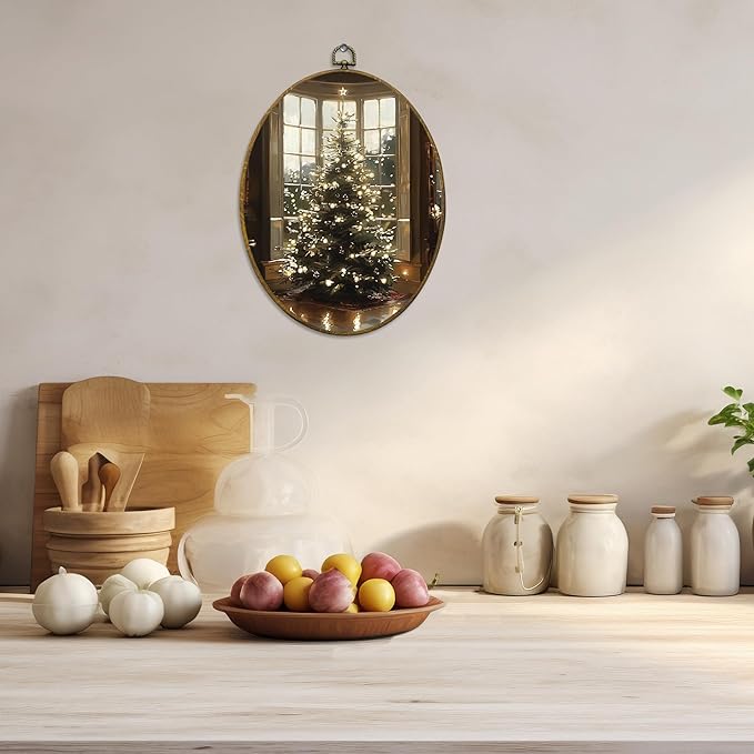 CUANFDDSF Vintage Christmas Tree Oval Wall Art Decor, Magical Cottagecore Winter Xmas Tree Holiday Wall Hanging Decor, Cozy Christmas Framed Canvas Prints for Home Bedroom Living Room, 8.6x11.4 Inch