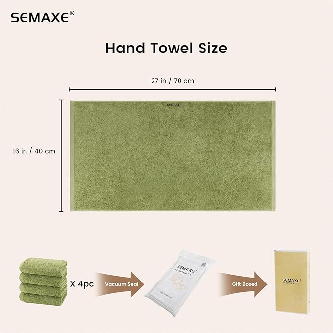 SEMAXE Sage Green Hand Towels for Bathroom, 100% Cotton Towels with Hanging Loops, Soft and Highly Absorbent, 4 Pack Hand Towel Set for Gym, Shower, Hotel, Spa and Kitchen