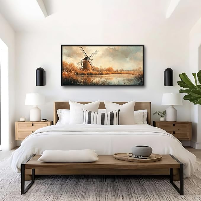 Landscape Framed Wall Art for Living Room, Large Holland Windmill Canvas Wall Decor, Country Farmhouse Pictures Painting, Modern Artwork for Bathroom Bedroom 60L'' × 30W''