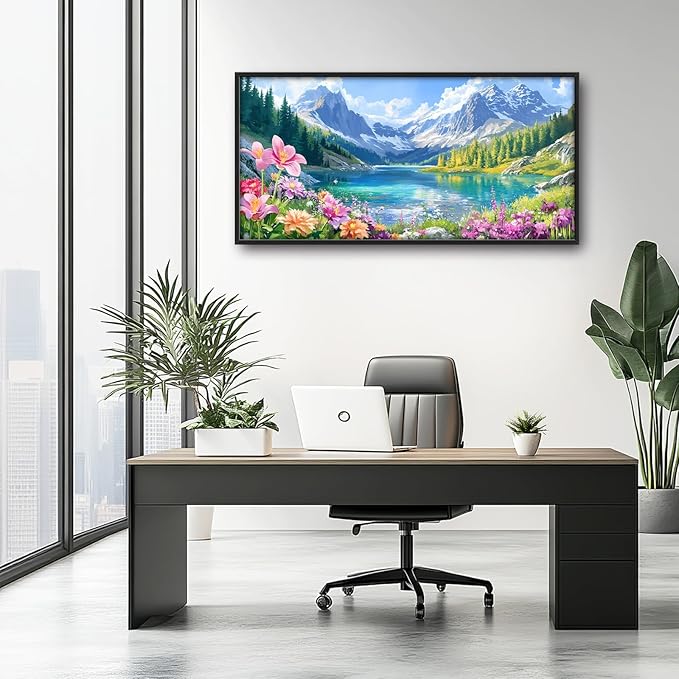 Extra Large Framed Mountain Lake Wall Art,Colorful Wild Flower Wall Decor,Mountain Forest Landscape Pictures for Living Room,Canvas Print Painting Modern Artwork Bedroom Office Bathroom 60L x30W