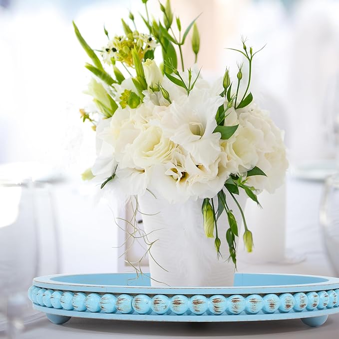 HPC Decor 12in Round Blue Wood Beaded Tray - Decorative Living Room, Coffee Table, Kitchen Table, Dining Room or Farmhouse Serving Tray