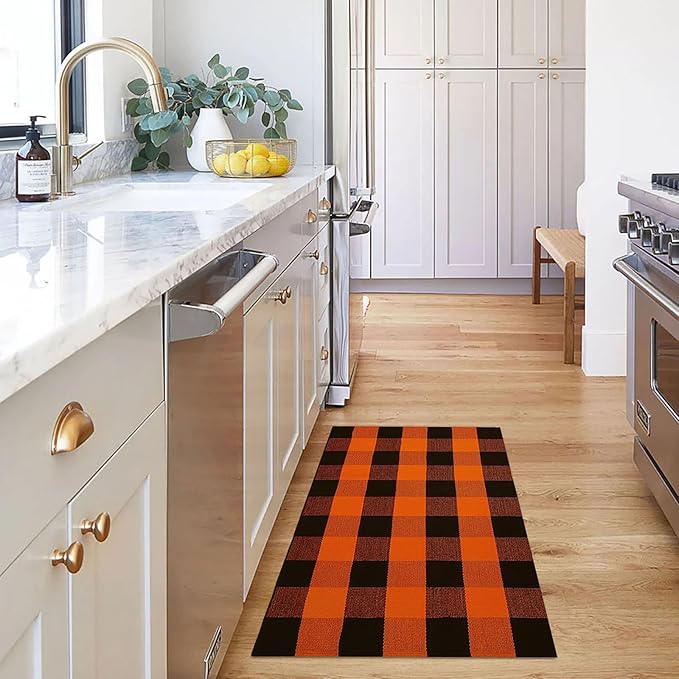 KOZYFLY Buffalo Plaid Rug 27.5x43 Inches Orange and Black Checke Rug Halloween Fall Door Mat Cotton Washable Area Rugs Door Mat Outdoor Entrance for Front Porch Entryway Fall Farmhouse