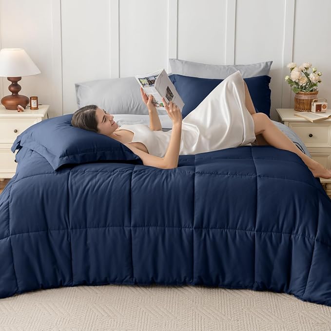 JOLLYVOGUE King Comforter Set, Ultra-Soft Bed in a Bag King Size 7 Pieces, Oeko-TEX Certified Bedding Set with Down Alternative Comforter, Sheets, Pillowcases & Shams, Navy Blue & Light Grey