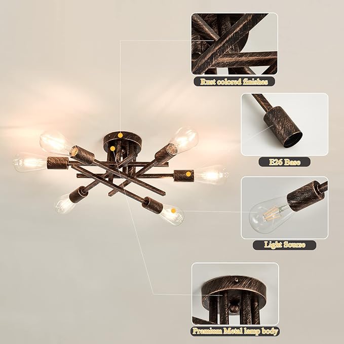 ASGYISA 6-Lights Semi Flush Mount Ceiling Light Fixture Vintage Modern Bronze Matte Sputnik Chandelier Farmhouse Ceiling Lamp for Kitchen Bedroom Dining Room Living Room Entryway.
