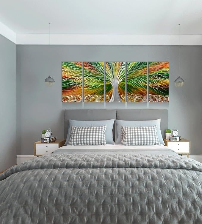 Yihui Arts Abstract Metal Wall Art - Tree Of Life Hand Crafted 5 Pieces Panels Large Big Unique 3D Aluminum Modern Contemporary Home Accent