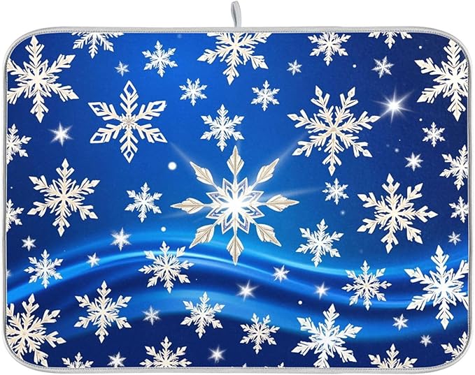 Christmas Blue Snowflakes Dish Drying Mat for Kitchen Counter 18 x 24 Snow Flakes Microfiber Dry Dishes Mats Drainer Mat Dish Drying Pad for Countertops