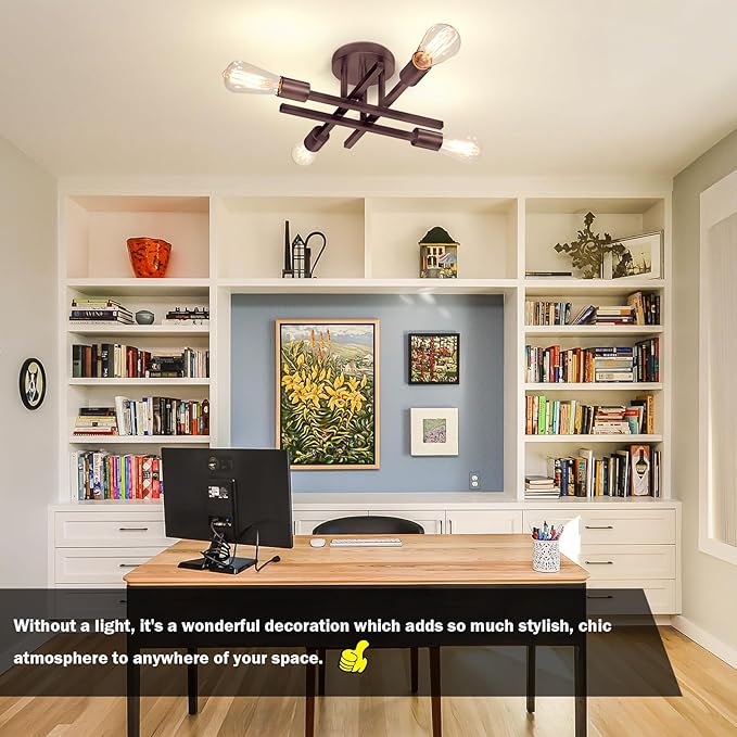 4-Light Semi Flush Mount Ceiling Light Fixture, Oil Rubbed Bronze Modern Industrial Sputnik Chandelier Light Fixture, Metal Flush Mount Ceiling Light for Kitchen Bedroom Living Room Closet, No Bulb