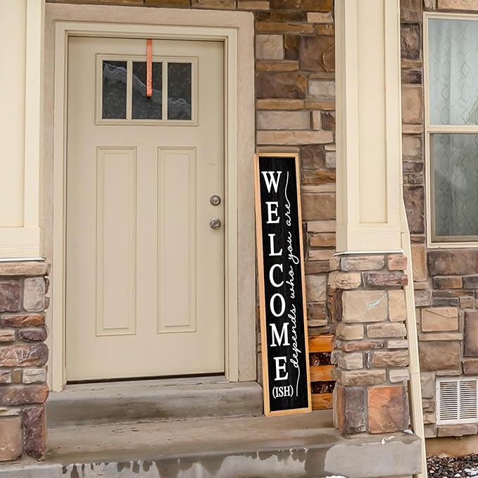 Welcome-ish Sign for Front Porch Standing 45"X9" Large Farmhouse Outdoor Wood Framed Home Vertical Tall Funny Large Welcome Sign For Rustic Modern Outside Front Door Wall Decor (Wood Black)