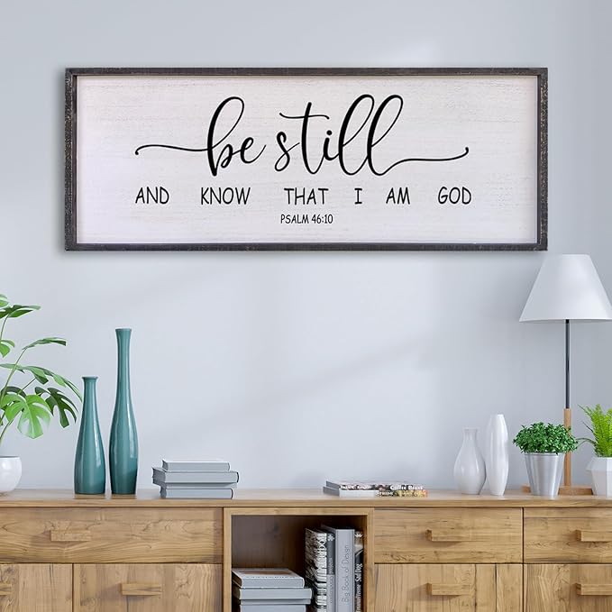 Surfapans Be Still and Know that I am God Wall Decor 40"x15" Large Farmhouse Family Living Room Vintage Religious Bible Verses Entryway Sign Wood Framed Scripture Hallway Hanging Wall Art (Black)