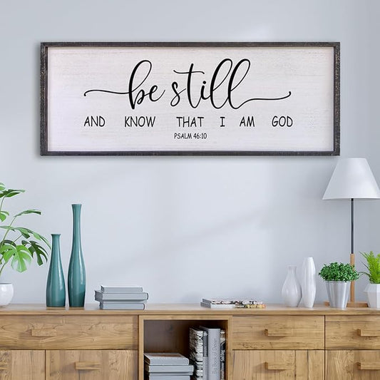 Surfapans Be Still and Know that I am God Wall Decor 40"x15" Large Farmhouse Family Living Room Vintage Religious Bible Verses Entryway Sign Wood Framed Scripture Hallway Hanging Wall Art (Black)