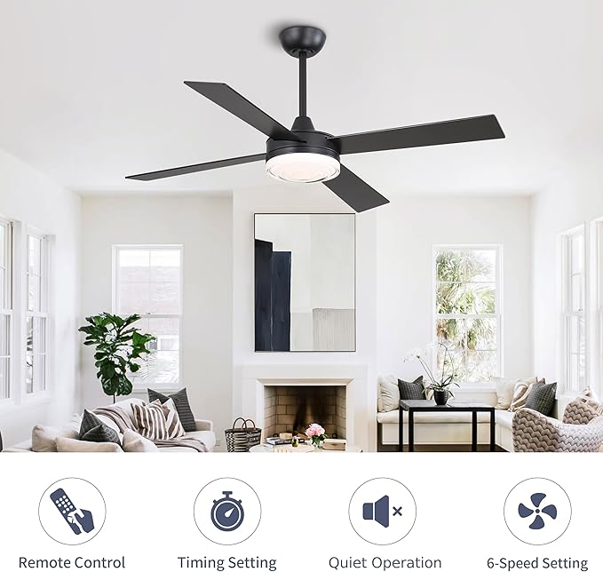 WINGBO 52 Inch Ceiling Fan with Lights and Remote, 3CCT, Modern Ceiling Fan with Ripple Glass Shade, 6-Speed Reversible DC Motor for Bedroom Living Room Kitchen Hallway, Matte Black