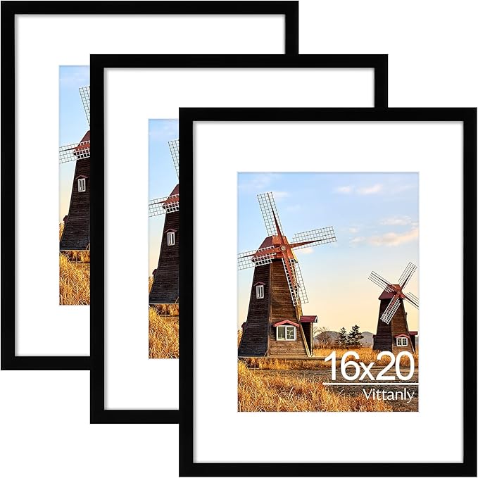 Vittanly 16x20 Picture Frame with Plexiglass - Large Black Poster Frame for Wall Display - Includes 11x14 Mat, Made of Durable PVC Design - 3 Pack
