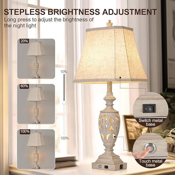 29.5"H Touch Control Traditional Table Lamp Set of 2,Vintage Bedside Lamp Nightstand Lamps with Dual USB Ports,3-Way Dimmable Hollow Out Leafwork White Washed Finish Desk Lamps for Living Room,Bedroom