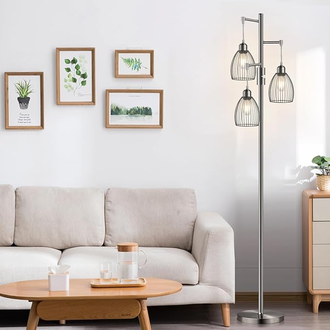 Dimmable Floor Lamp, Industrial Floor Lamps for Living Room, Brushed Nickel Tree Lamp Standing Lamp Tall Lamps with 3 Elegant Teardrop Cage Head & 800 Lumens LED Bulbs for Living Room Bedroom Office