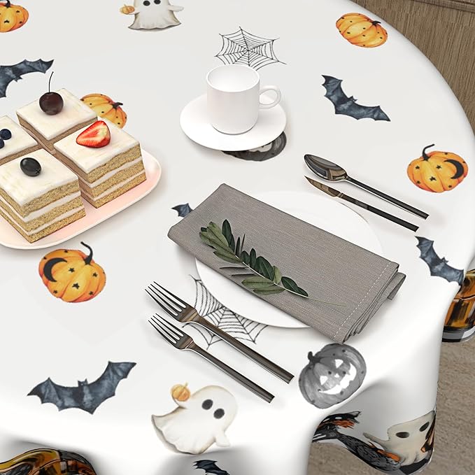 Kawani Halloween Tablecloths - Round Spooky Tablecloths with Pumpkins & Ghosts, 60 Inch, Perfect for Kitchen & Dining Room Dinner Parties
