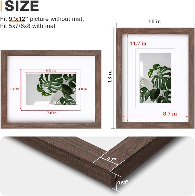 Egofine 9x12 Picture Frames Set of 4, Made of Solid Wood Covered by Plexiglass 5x7 and 6x8 with Mat or 9x12 without Mat, for Table Top Display and Wall Mounting Photo Frame Brown