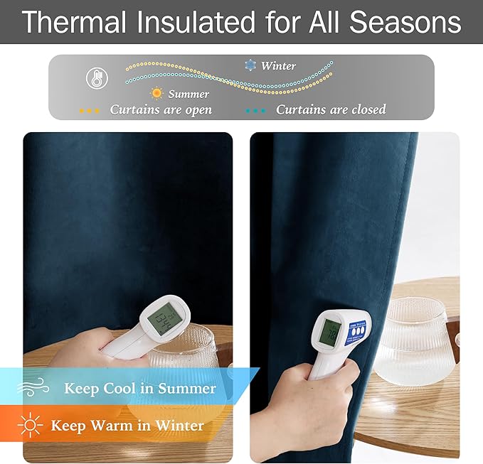 StangH Navy Blue Blackout Curtains 90 inches Luxury Velvet Thermal Insulated Window Drapes Liner Back Tab Hook Belt Heavy Thick Curtains for Living Room Bedroom, W52 x L90, 2 Panels