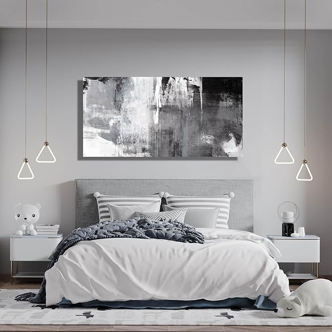 Kureful Black Abstract Wall Art Decor Grunge Room Decor Art Grey Canvas Wall Decoration 20" x 40" Painting Black And White Artwork for Bedroom Home Office Dining Room Decoration