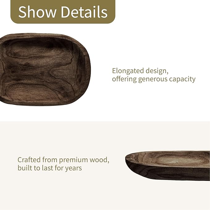 Wooden Dough Bowl Decor, Key Decorative Centerpiece Bowl, Hand Carved Baguette Bowl, Home Decor for Dining Table Center, Living Room, Kitchen (L14.6*W10.2*H0.8 inches) Squircle-Brown