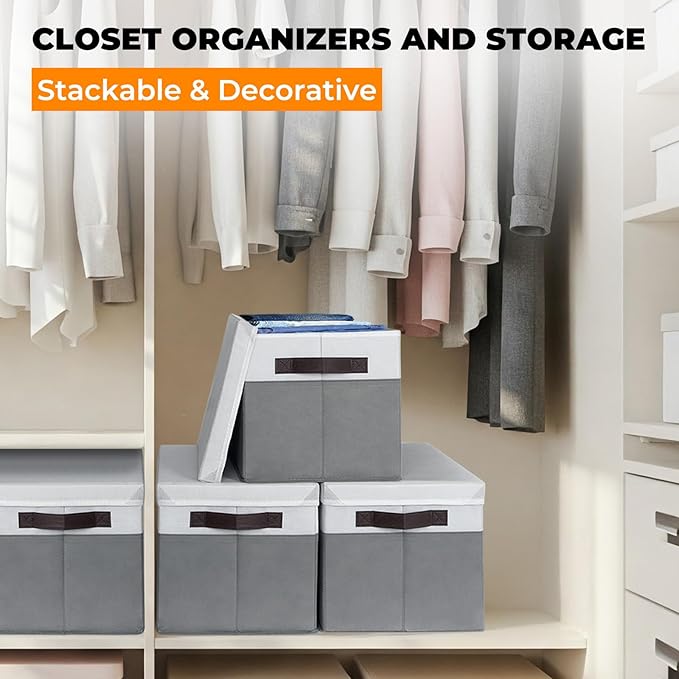 Extra Large Storage Baskets with Lids 4 Pack, 33 QT Blanket Basket for Organizing/ Stackable Decorative Closet Organizers and Storage Box for Clothes Towels/ Toy Organizers Bins with Handles/ 16x12