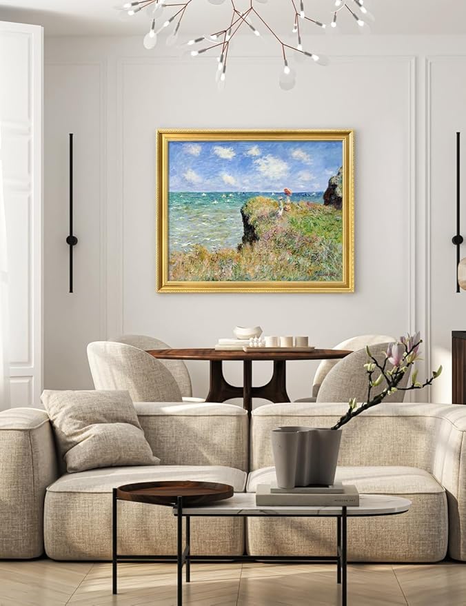 DECORARTS - Claude Monet The Cliff Walk at Pourville, Large Framed Wall Art, Canvas Size 35x28, Outer Dimensions Larger With Customizable Solid Wood Frames, Giclee Canvas Print, Made in USA