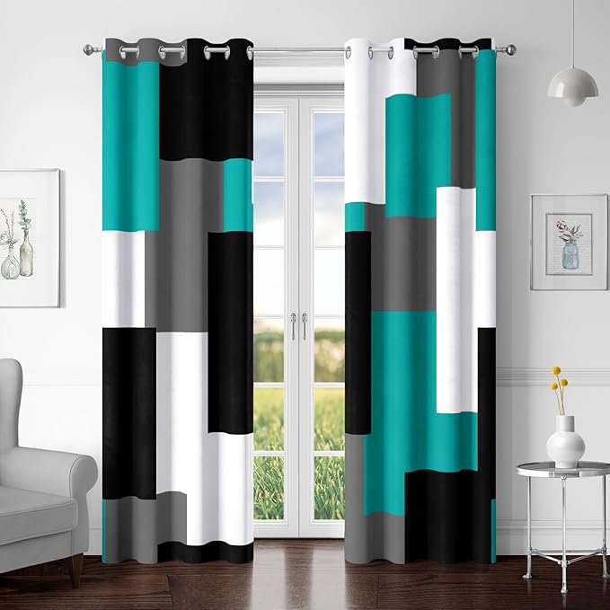 Teal/Turquoise 100% Blackout Curtains for Bedroom 72 inch Length 2 Panels Set White Grey Modern Abstract Geometric Black Out Curtains Room Darkening Window Drapes for Living Room, 52Wx72L