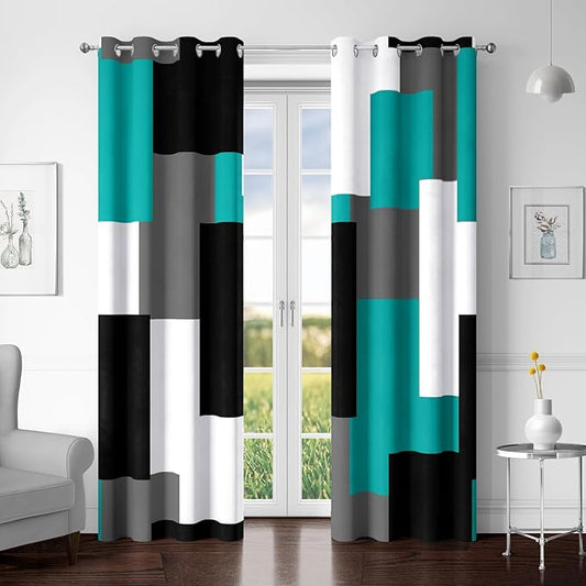 Teal/Turquoise 100% Blackout Curtains for Bedroom 72 inch Length 2 Panels Set White Grey Modern Abstract Geometric Black Out Curtains Room Darkening Window Drapes for Living Room, 52Wx72L