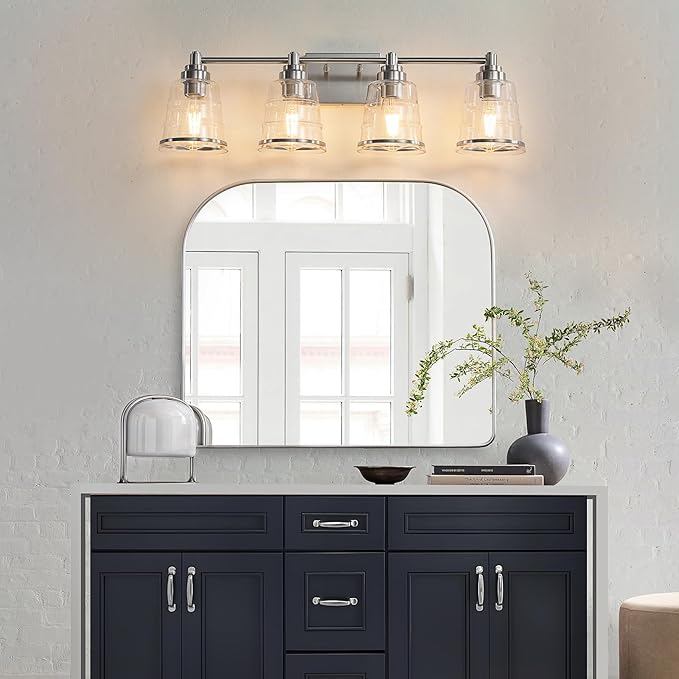 Brushed Nickel Bathroom Vanity Light Fixture, 4 Light Bathroom Light Fixtures Over Mirror with Clear lampshade and Metal Base Sconce,29.1 inch Modern Vanity Light for Bathroom(Exclude E26 Bulb)