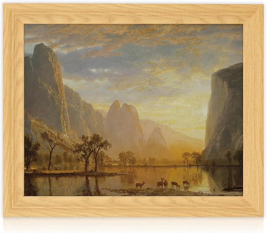 Brivoria Framed Canvas Wall Art Vintage Decor, Majestic Autumn Valley Landscape with Golden Cliffs, Sunset Sky, Reflective Lake and Deer Herd for Dining Room Hallway Office or Nature Display, 13"x16"