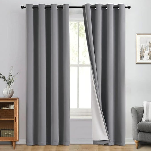 Yakamok 100% Blackout Curtain Panels 72 inches Cold and Light Blocking Drapes for Nursery, 2 Thick Layers Thermal Insulated Draperies (2 Pieces, 50 Wide Each Panel, Grey Front with White Backing)