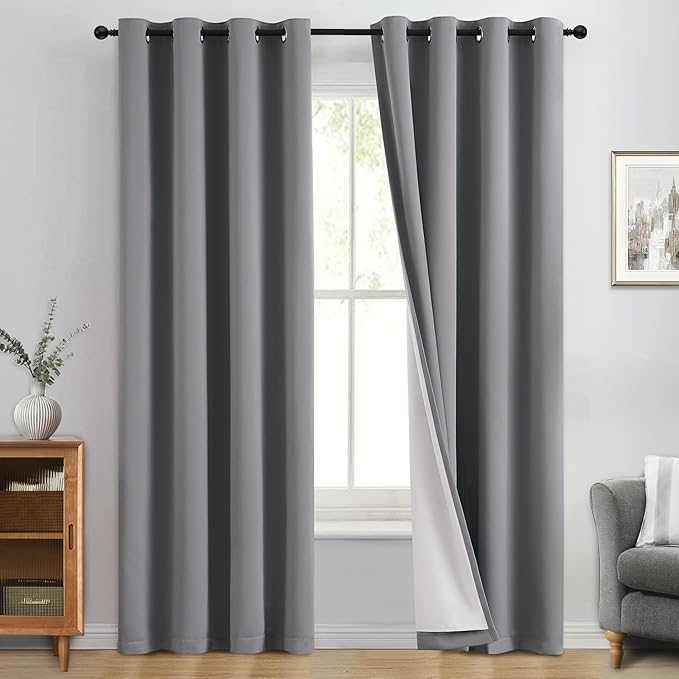 Yakamok 100% Blackout Curtain Panels 84 inches Cold and Light Blocking Drapes for Nursery, 2 Thick Layers Thermal Insulated Draperies (2 Pieces, 50 Wide Each Panel, Grey Front with White Backing)
